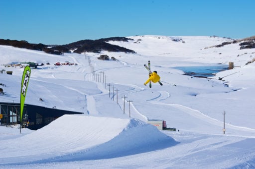 Falls-Creek-Chris-Hocking-Terrain-Park-Ski-23072014 Pristine conditions in the Alps today. Freestyle skier Riley Matthews takes airtime at Falls Creek Ruined Castle Terrain park with a 'corked 7' jump. The resort has a deep snowpack with 153cm natural average base with 171cm in snowmaking areas. More snow is forecast in the coming days.